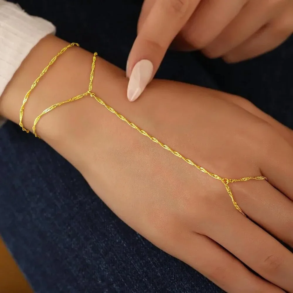 Dainty 14K Gold Plated Hand Chain Bracelet Women Layered Ring Jewelry